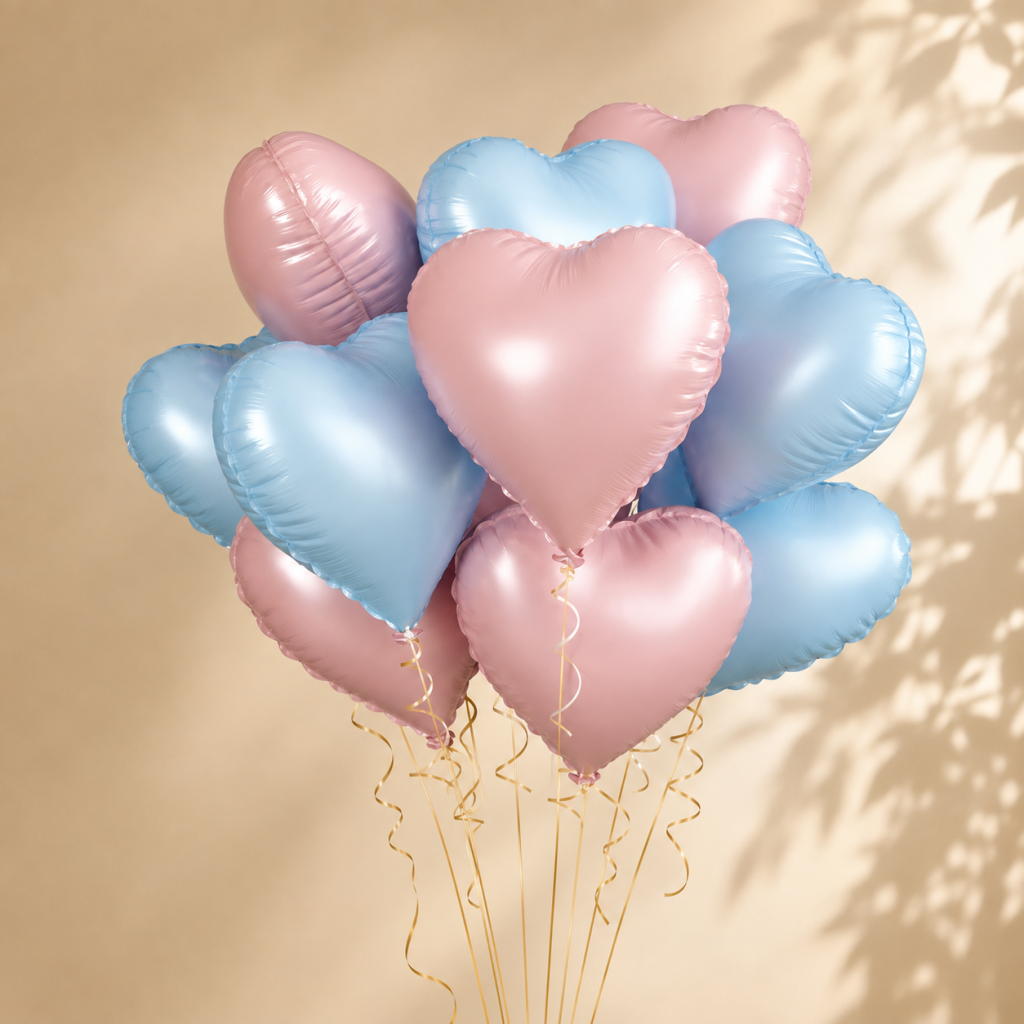 Premium champagne gold heart shape biodegradable foil balloons in pastel tones custom manufactured by FAIR factory