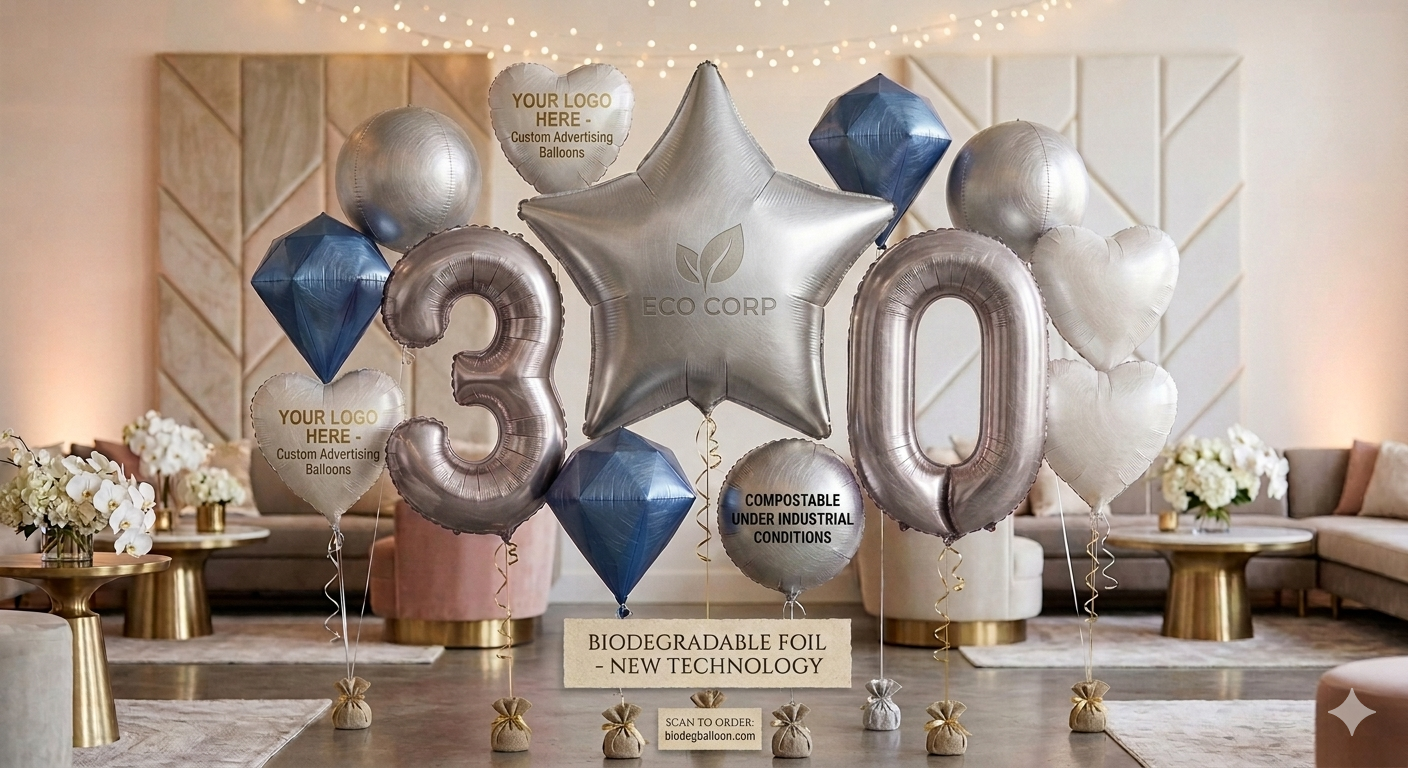 Custom advertising foil balloons featuring high-fidelity corporate brand logo printing and Pantone color accuracy for promotional contract marketing.