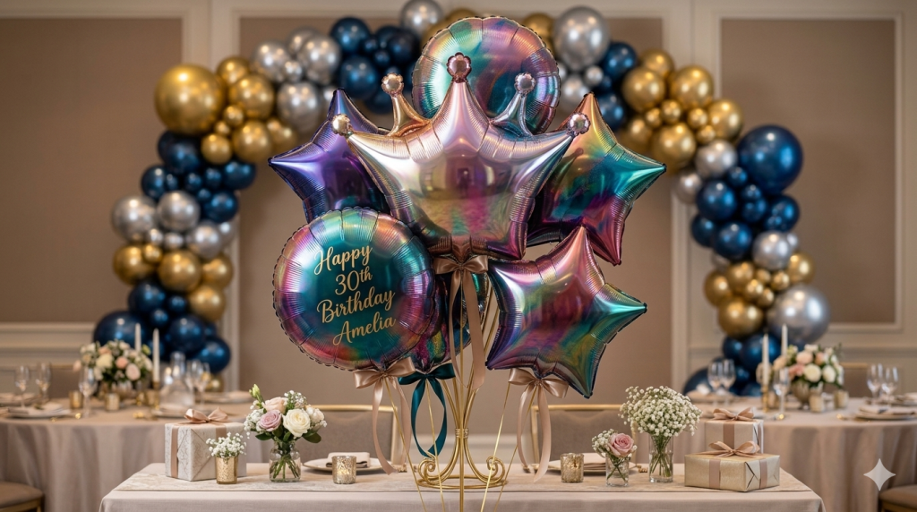 Custom decoration balloons featuring aluminum foil letter and number shapes with an automated 5mm leak proof sealing perimeter for festive retail chain programs.