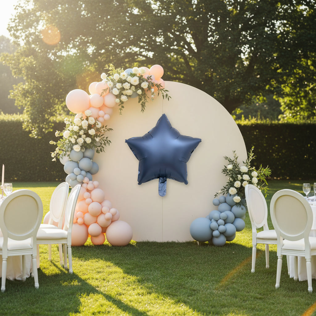 A certified compostable matte navy blue star foil balloon floating safely at an outdoor lawn event, engineered with non-toxic PLA+PBAT to eliminate marine wildlife ingestion hazards.