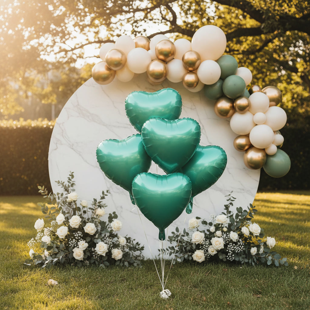 A bouquet of multiple mint green biodegradable foil balloons made of modified PLA+PBAT eco-film floating at a high-end luxury outdoor lawn party, verifying 180-day mineralization compliance.