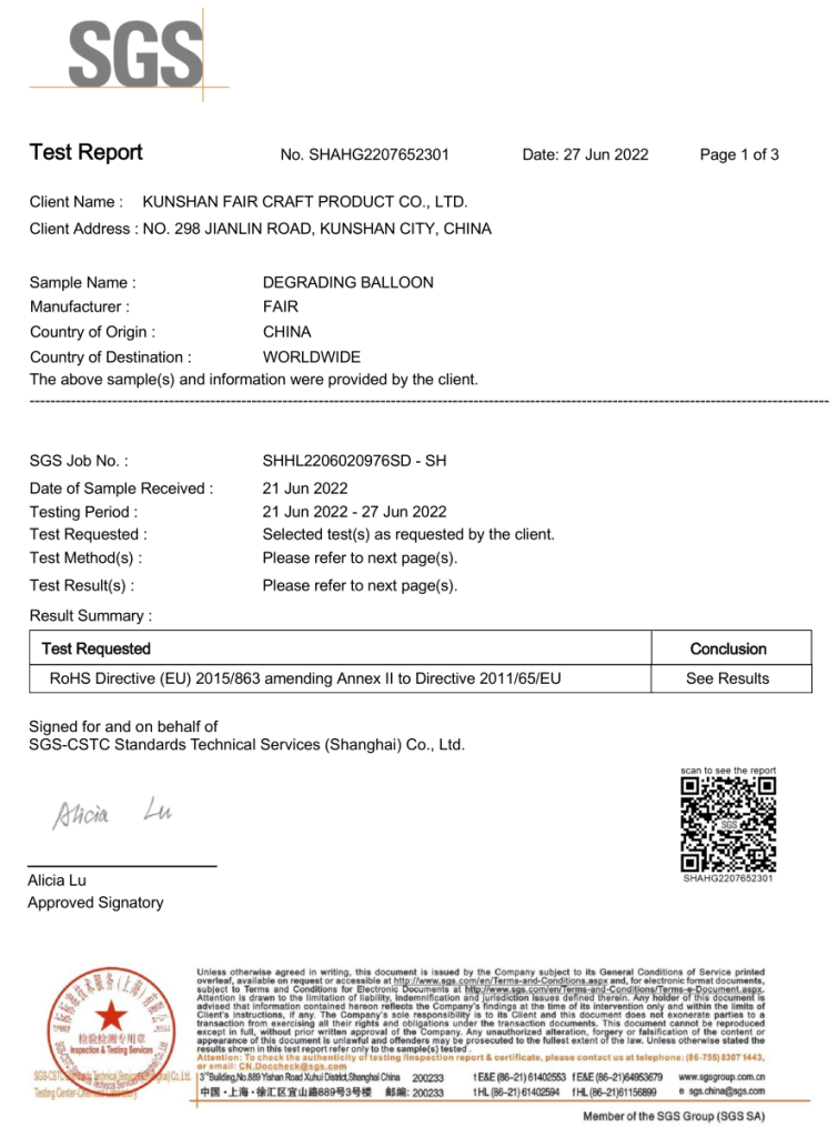 sgs rohs compliant biodegradable foil balloons test report