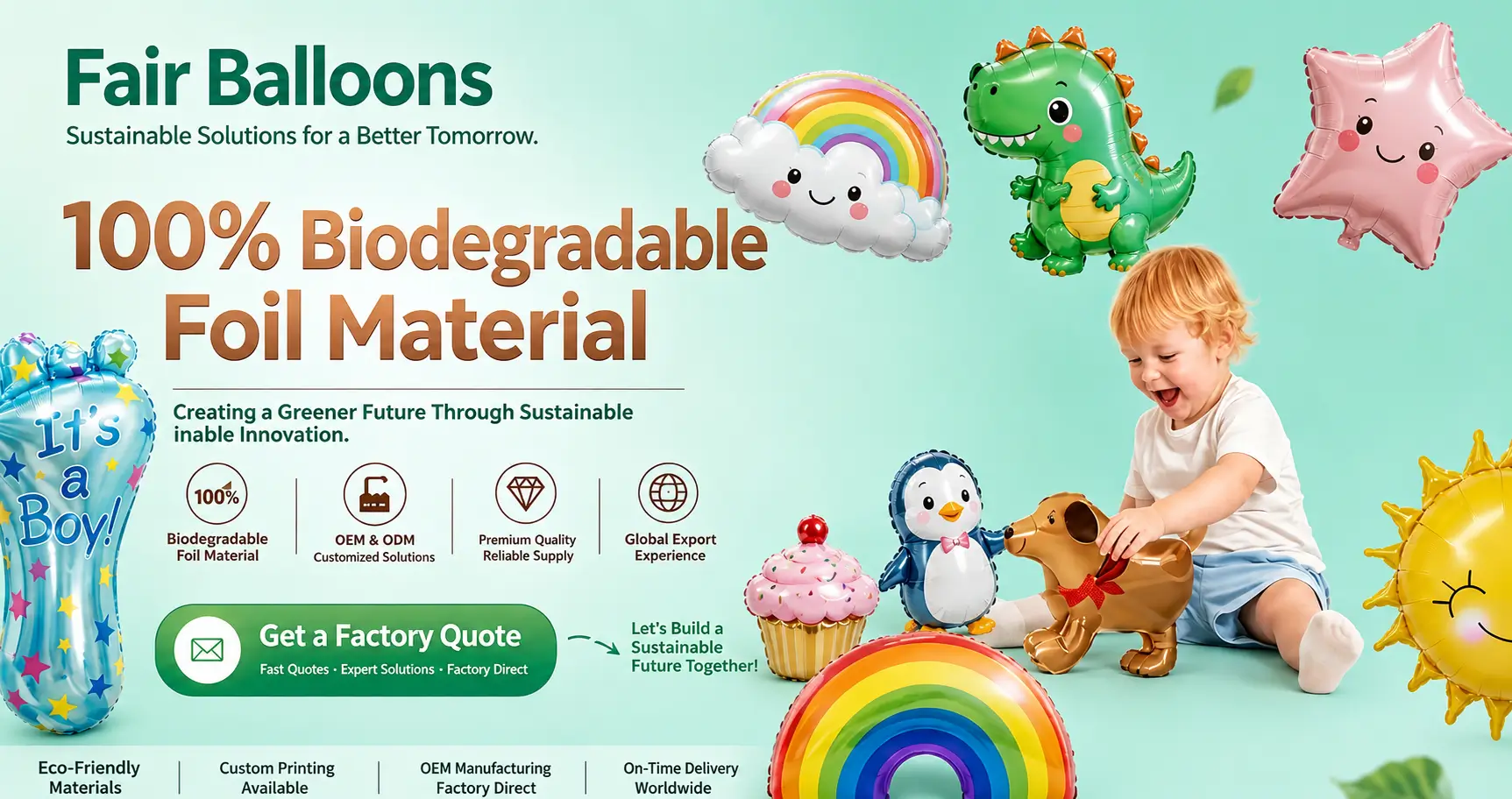 Certified biodegradable foil balloons factory header showcasing premium eco friendly mylar balloons material wholesale.