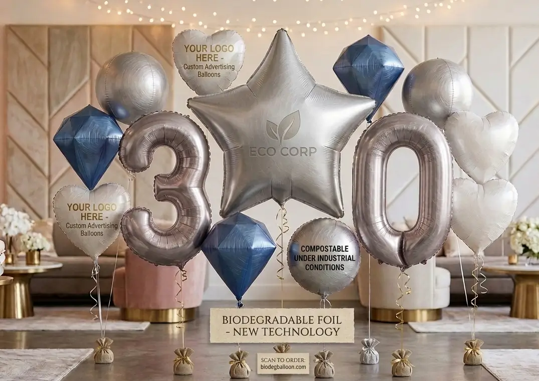 Custom advertising foil balloons featuring high-fidelity corporate brand logo printing and Pantone color accuracy for promotional contract marketing.