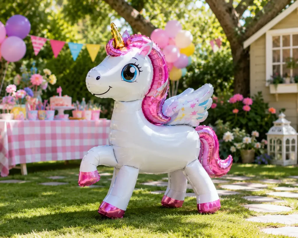 A custom-designed giant unicorn Airwalker foil balloon standing perfectly upright during a commercial event setup. This commercial-grade mylar pet balloon demonstrates exceptional gravity-volume engineering and precise thickness control from an OEM ODM factory supplier.