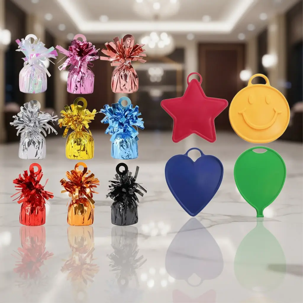 A batch of custom injection-molded commercial balloon weights inside an OEM production workshop, displaying non-toxic materials, high-density iron cores, and strong loops for high-volume corporate event sourcing.