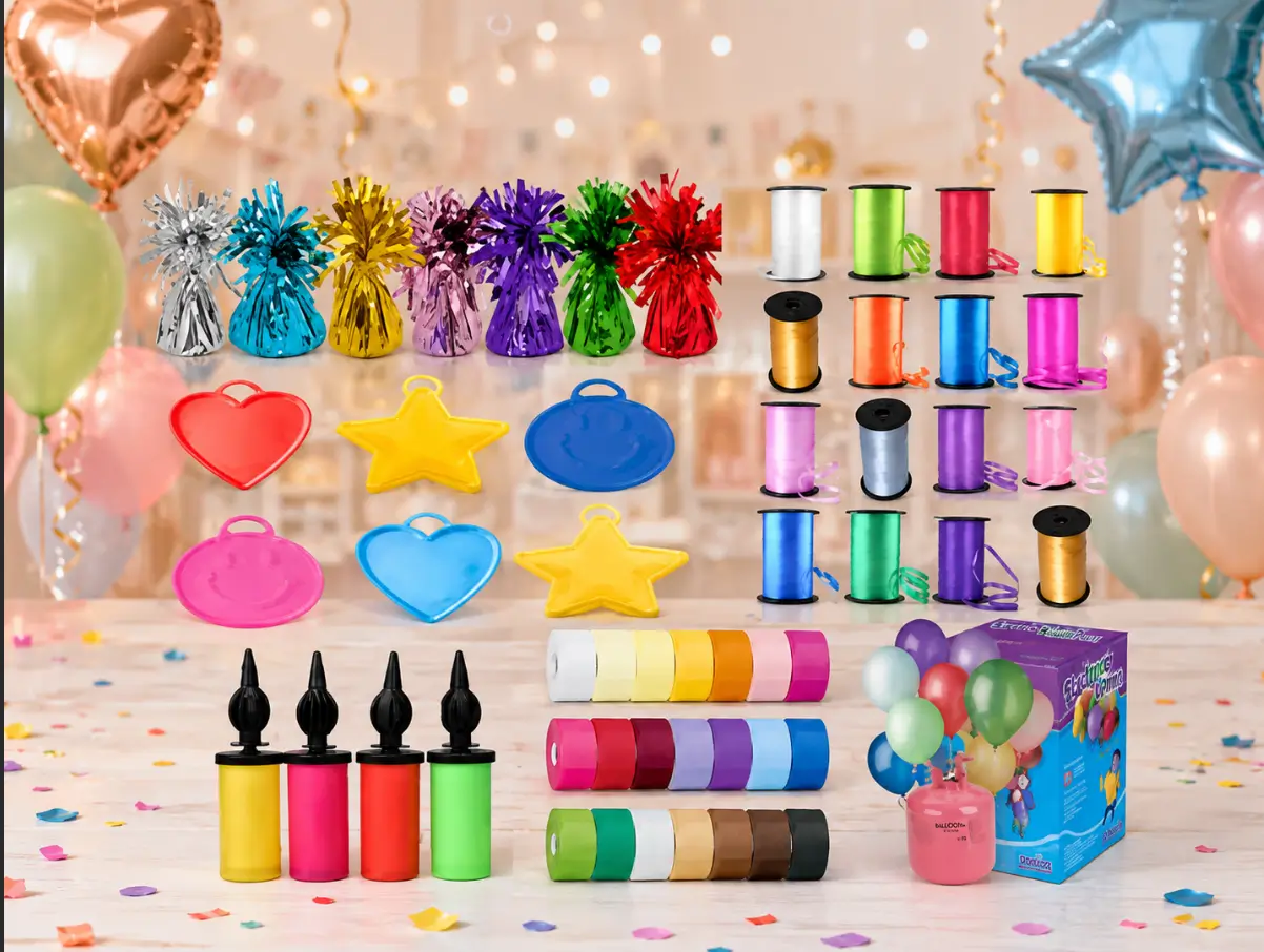 Bulk metallic balloon weights, ribbon spools, and heavy duty dual action hand pumps wholesale catalog for global retail chain cross-consolidation.