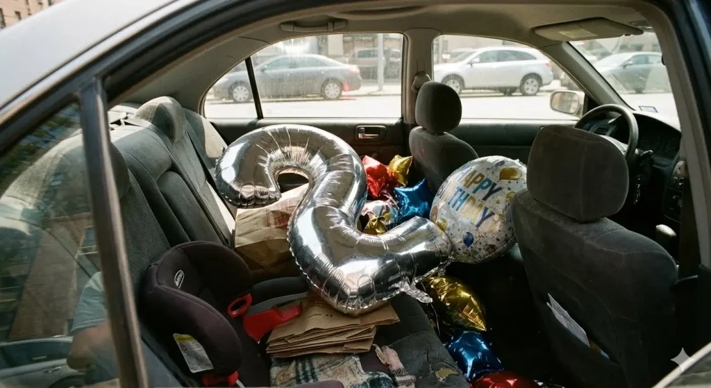 Inflated silver number 2 foil balloon and happy birthday mylar balloons placed inside a hot car back seat, showing a risky transport scenario for summer safety troubleshooting guide.