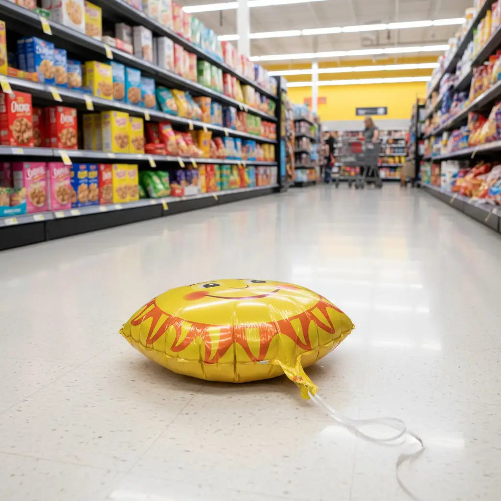 An artistic simulation of a mylar balloon popping concept inside a supermarket aisle. This visual serves as an educational illustration in our commercial-grade foil balloon engineering guide to explain tensile strength limits and pressure resistance thresholds for B2B buyers.