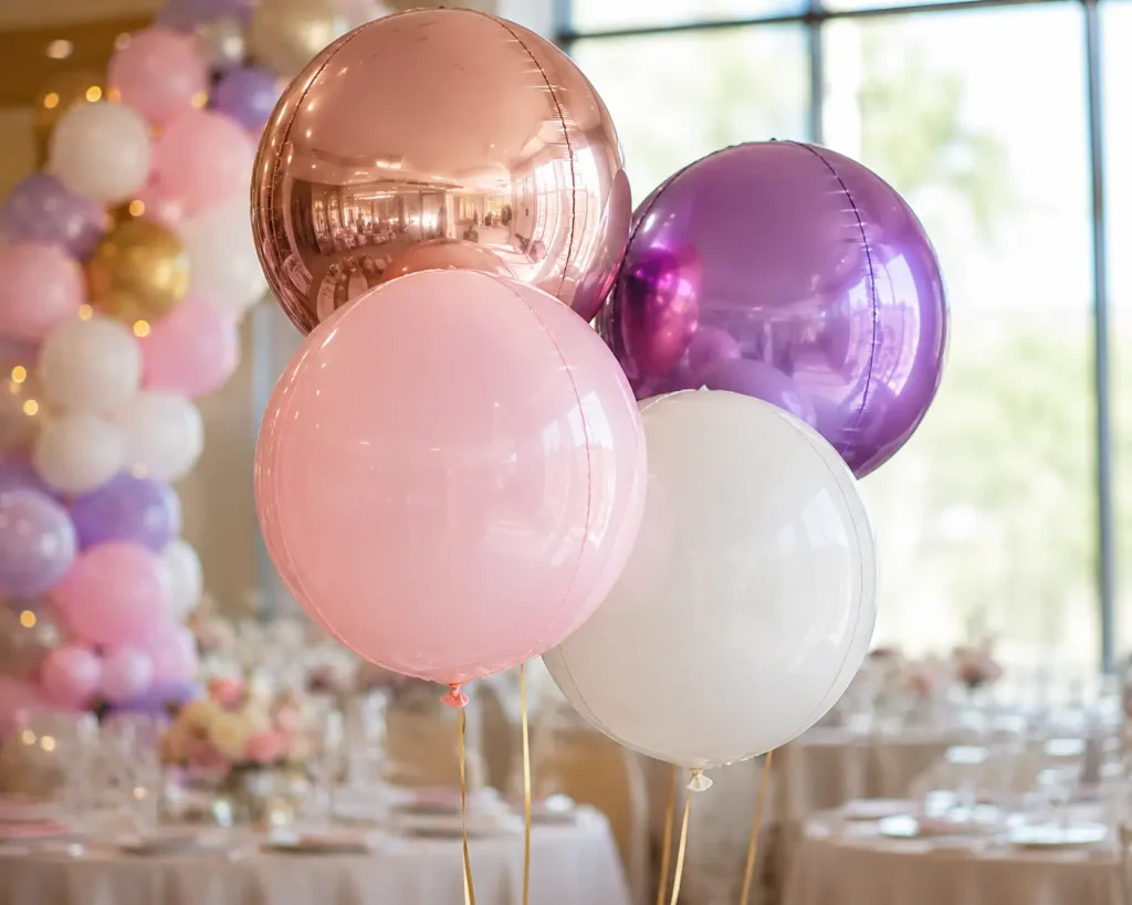 A cluster of mirror-like metallic gold Orbz 3D balloons floating at a high-end luxury event, displaying wrinkle-free seams and perfect spherical shape manufactured by an authoritative mylar balloon factory.